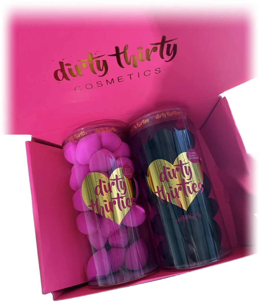 Dirty Thirties Hot Pink and Black 30 Mini Beauty Sponge sets in the signature pink box